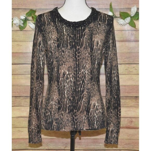Carmen Mark Valvo Cheetah Animal Print Thin Knit Sweater Beaded Neckline Size S - Picture 1 of 10